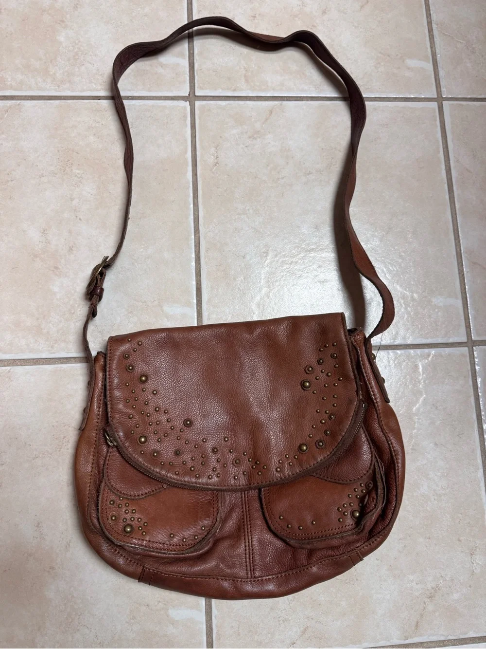 Lucky Brand Brown Leather Studded Crossbody Bag